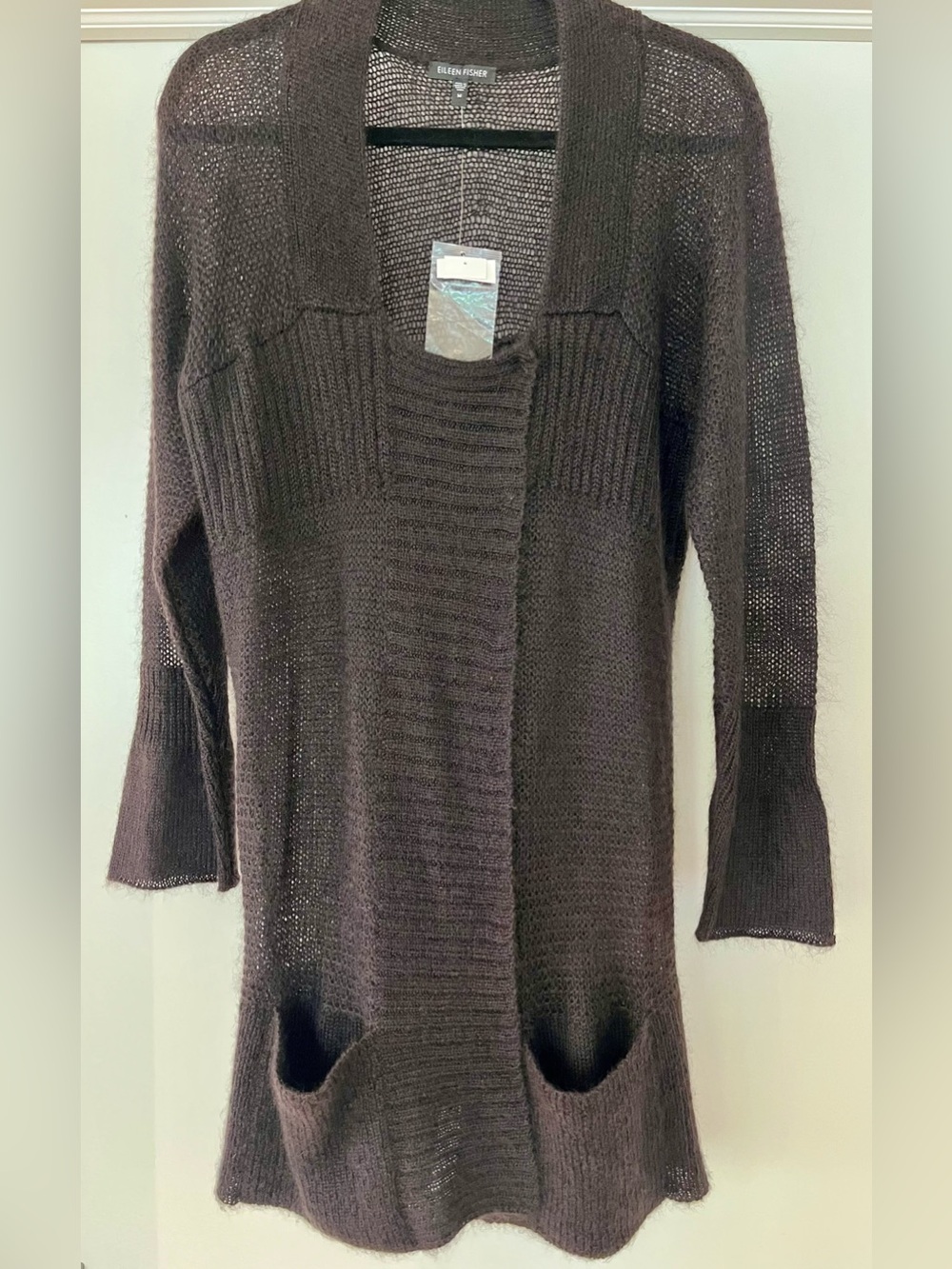 Eileen Fisher Mohair Blend Snap Front Cardigan Sweater M Purple/Charcoal Pockets - Picture 3 of 8